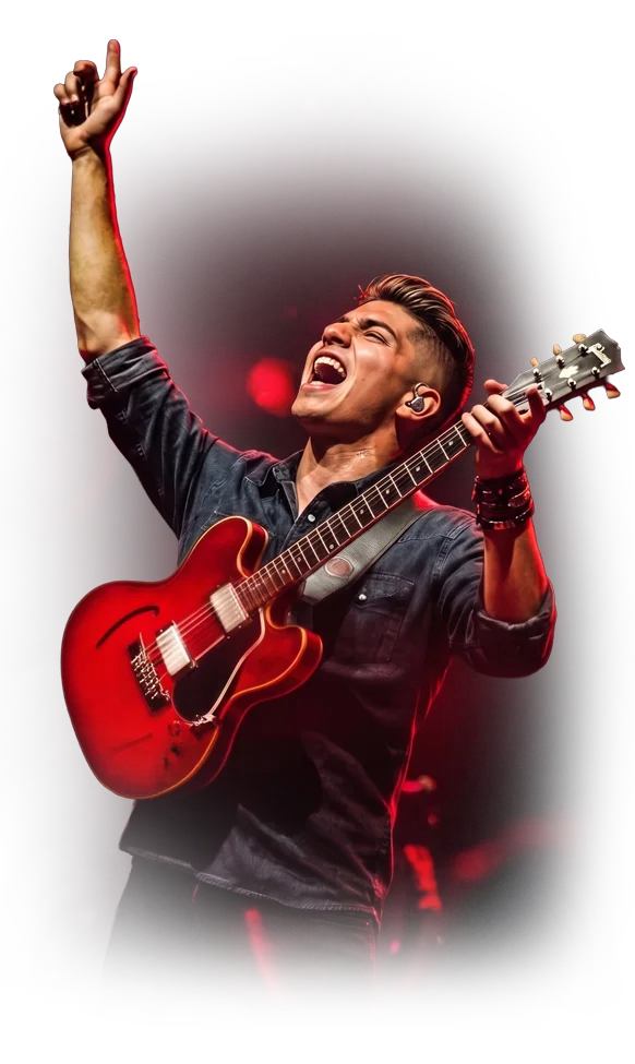 Guitarrista de la escuela de música Music Planet en concierto con guitarra eléctrica roja